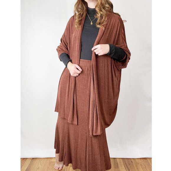 Vintage Chocolate Matching Set Midi Maxi High Rise Skirt Open Duster Cardigan - Picture 3 of 6